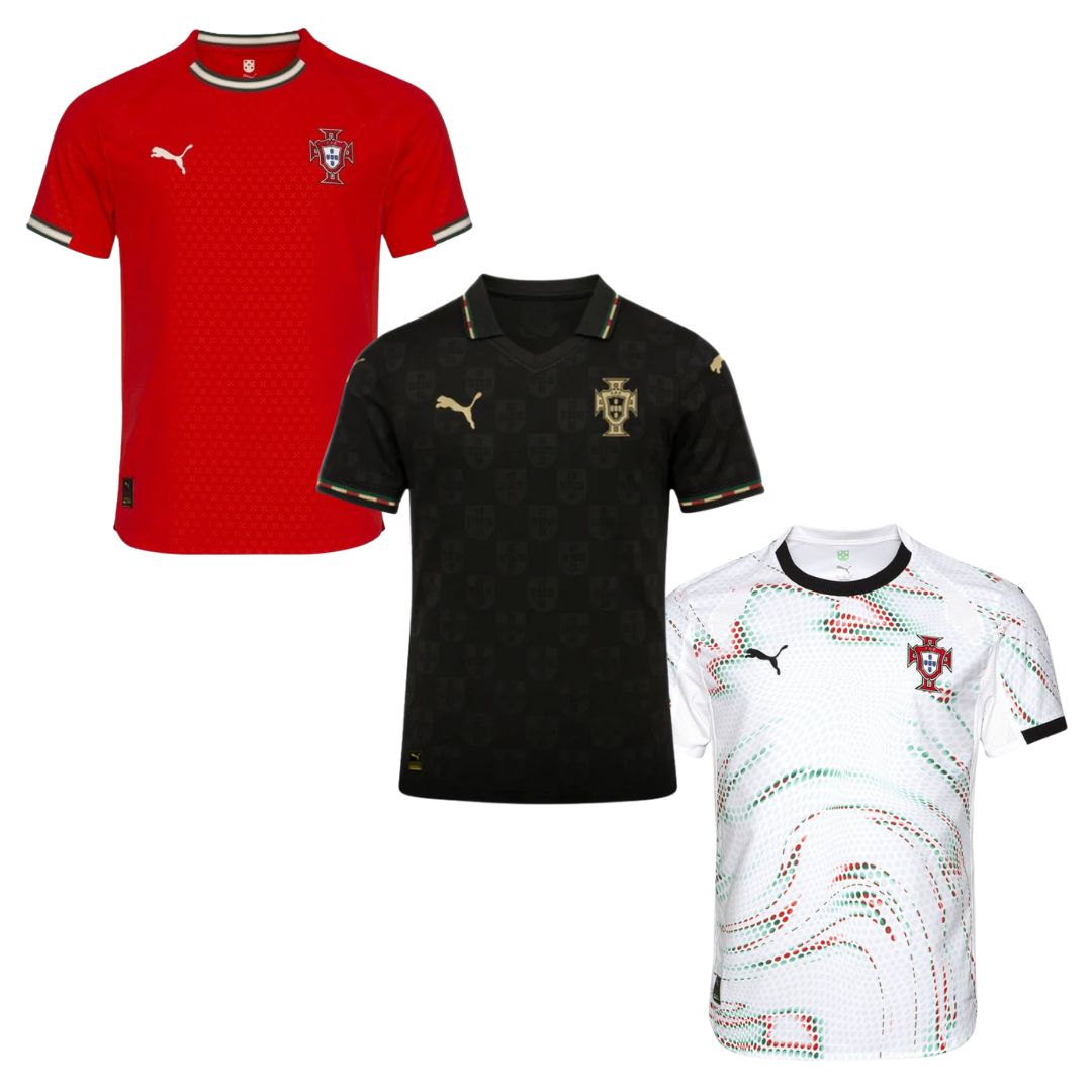 Portugal Fan Jersey Home, Away e Black Panther 2025/26 - Kit 3 Fan Jersey
